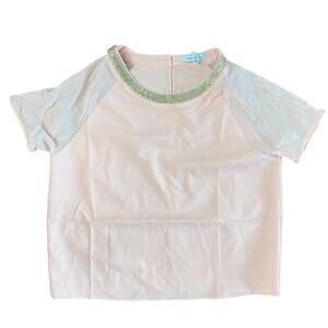 NWT Lucy & Co Pink Rhinestone Short Sleeve Shirt, Mesh Sleeves, Large